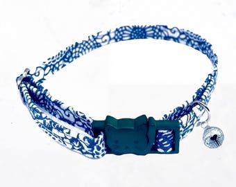 Floral Cat Collar, Blue Breakaway Kitten Collar, Adjustable, Optional Bell Charm