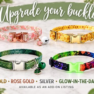 The image is an advertisement for pet accessories, featuring four colorful collars with different designs and materials. The collars are available as an upgrade to a standard collar, and they come in gold, rose gold, silver, and glow-in-the-dark colors. The collars are displayed in a collage format, showcasing the variety of options available for pet owners.