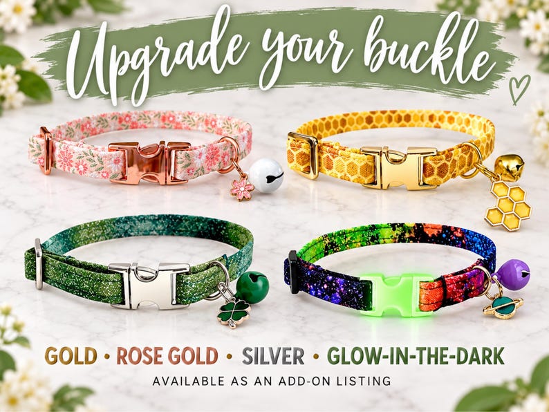 The image is an advertisement for pet accessories, featuring four colorful collars with different designs and materials. The collars are available as an upgrade to a standard collar, and they come in gold, rose gold, silver, and glow-in-the-dark colors. The collars are displayed in a collage format, showcasing the variety of options available for pet owners.