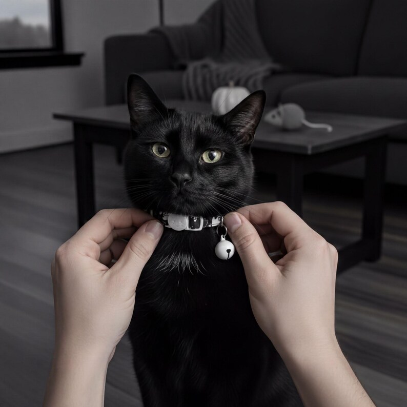 A person's hands are gently holding a black cat wearing a collar with a bell, and the cat is looking directly at the camera.