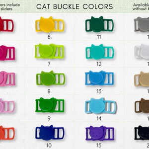 a collection of colorful cat buckle straps, each with a different color and design. The straps are arranged in a grid format, with each row representing a different color and each column representing a different type of strap. The image does not contain any text, and the descriptions provided are limited to the colors and types of the straps.
