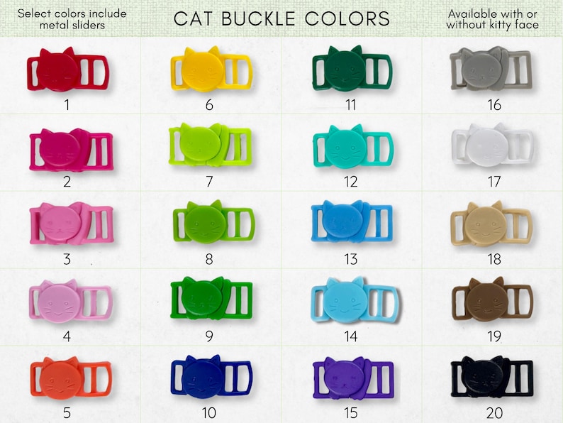 a collection of colorful cat buckle straps, each with a different color and design. The straps are arranged in a grid format, with each row representing a different color and each column representing a different type of strap. The image does not contain any text, and the descriptions provided are limited to the colors and types of the straps.
