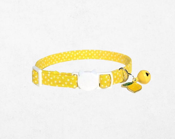 Yellow Polka Dot Cat Collar Kitten Accessory, Lemon Charm (Adjustable 7.5-12", Breakaway Buckle, Handmade)
