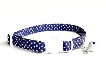 Navy Blue Polka Dot Cat Collar, Breakaway Kitten Collar