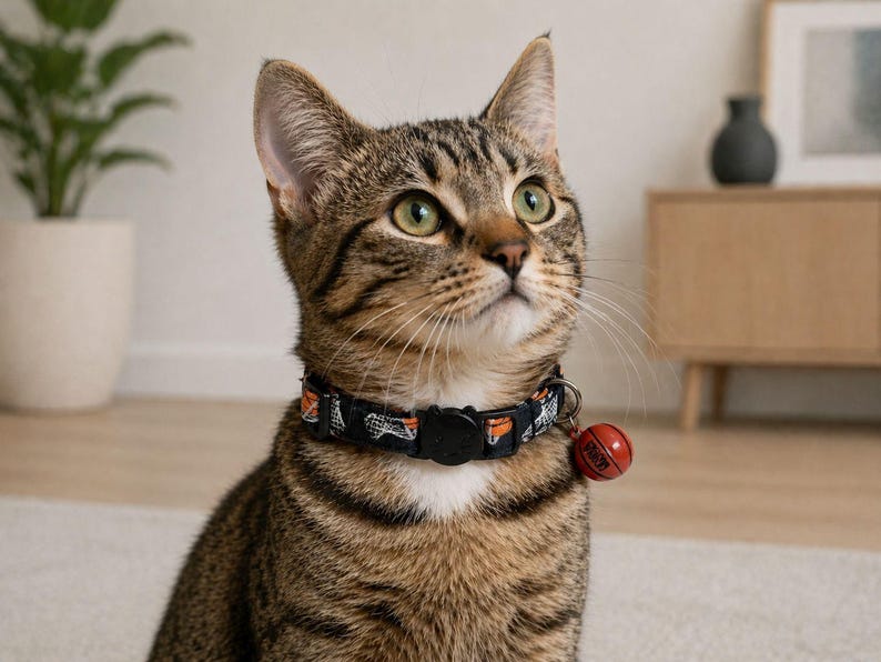 A tabby cat wearing a black and orange collar with a red bell sits on a carpeted floor, looking up with a curious expression.