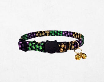 Mardi Gras Cat Collar – Purple, Green & Gold Beads, Breakaway Adjustable with Bell