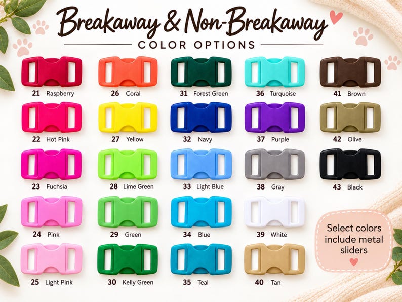 a collection of colorful dog buckle colors, including red, orange, green, blue, purple, and various shades of gray and black.