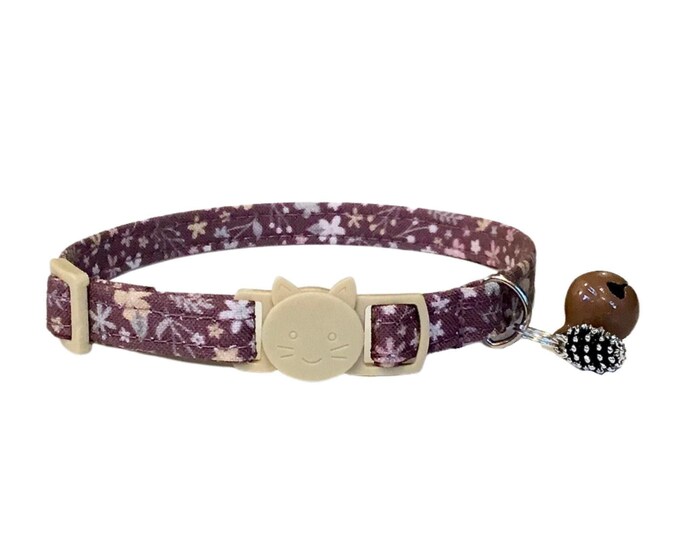 Handmade Floral Cat Collar – Burgundy Cotton Breakaway Kitten Collar