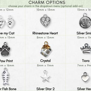 a variety of charms, including cat-themed charms, heart-shaped charms, and other decorative items.