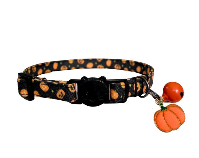 Pumpkin Cat Collar: Halloween Jack-O-Lantern Pattern - Breakaway Buckle, Adjustable Size, Soft Comfortable Material