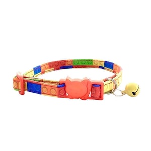 Lego Cat Collar Adjustable Kitten Accessory: Bright Block Pattern, Breakaway Clasp (Lightweight Fabric, D-Ring Included)