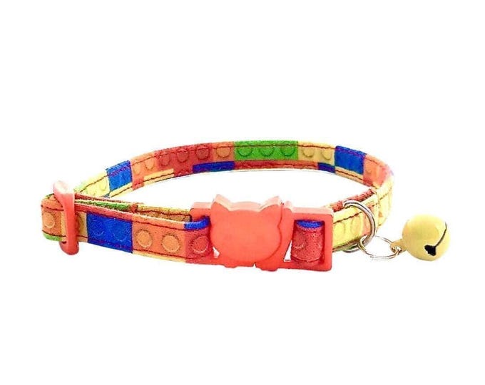 Lego Cat Collar Adjustable Kitten Accessory: Bright Block Pattern, Breakaway Clasp (Lightweight Fabric, D-Ring Included)