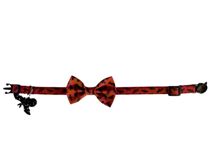 Bat Cat Collar with Bow – Halloween Breakaway Buckle with a Gothic Style and Customizable