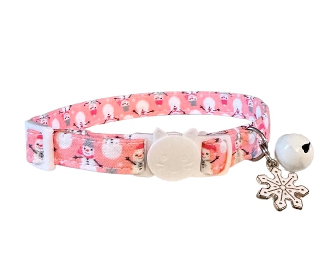 Snowman Cat Collar: Holiday Festive Print - Adjustable Breakaway, Lightweight Fabric, Bells and Charms