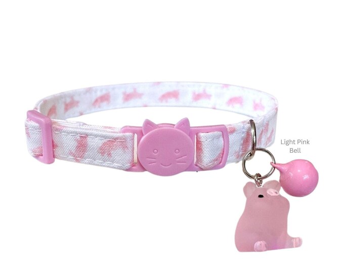 Pig Cat Collar: Breakaway Safety Buckle, Bell Charm (7.5-12")