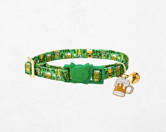 St. Patrick's Day Cat Collar: Green Beer Print, Breakaway Buckle with Charm & Bell
