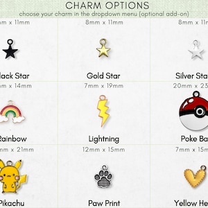 a variety of charms, including a black star, gold star, silver star, rainbow, lightning, Pokemon, poka ball, Pikachu, paw print, and a yellow heart.