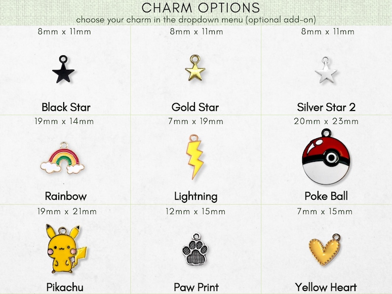 a variety of charms, including a black star, gold star, silver star, rainbow, lightning, Pokemon, poka ball, Pikachu, paw print, and a yellow heart.