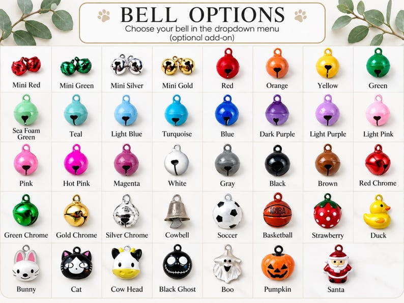 a collection of bell options, including mini bells in various colors and sizes, medium-sized bells, and large bells in different colors and styles.
