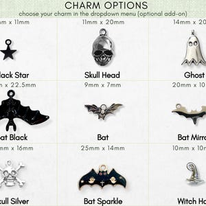 a collection of charms, including a skull, a ghost, a bat, a bat mirror, a skull silver, a bat black, a bat black, a bat mirror, a skull silver, a bat sparkle, and a witch hat.