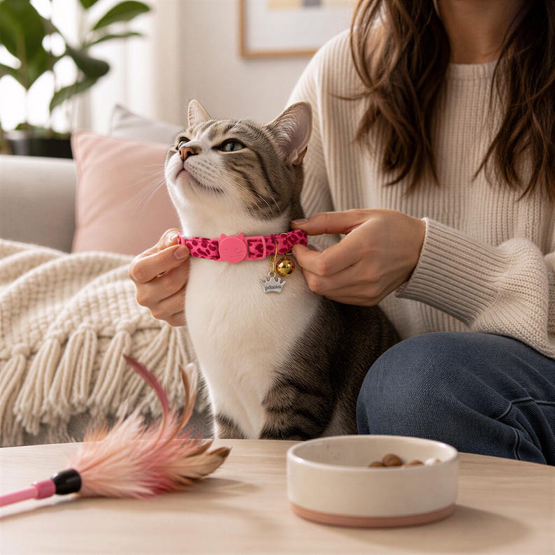 A woman is sitting on a couch, holding a cat wearing a pink collar, while a cat toy and a bowl of cat food are visible on the table in front of her.