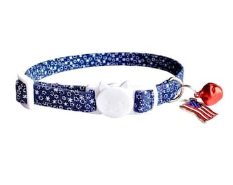 Navy Blue Star Cat Collar with USA Flag Charm, Breakaway Kitten Collar