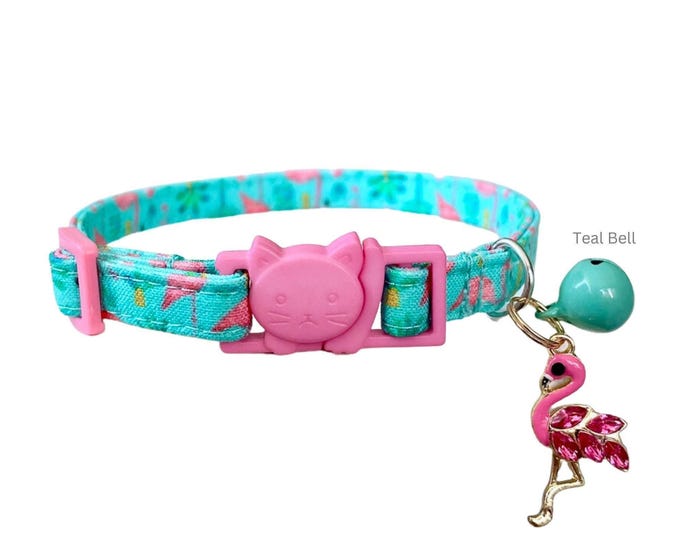 Flamingo Kitten Coll Vibrant Cat Collar, Beach Print (Adjustable 6-10", Breakaway Buckle, Soft Interfacing)