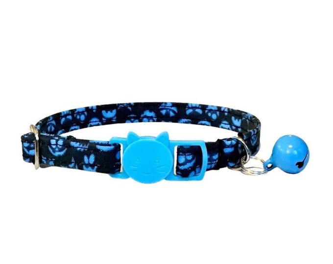 Spooky Blue Cat Collar Halloween Accessory, Ghost Print (Adjustable 7.5-12", Breakaway Buckle, Handmade)
