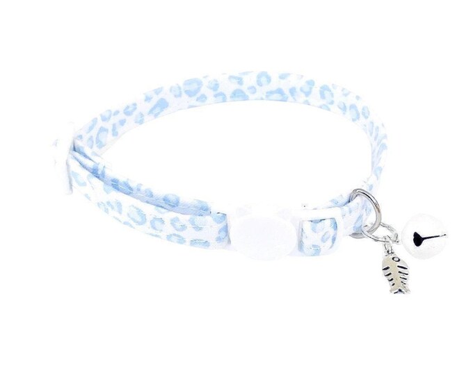 Blue Leopard Print Cat Collar, Breakaway Buckle with Bell
