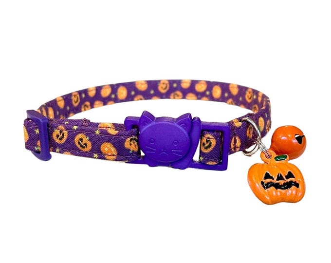Pumpkin Cat Collar Halloween Accessory: Purple Jack-O-Lantern Pattern, Breakaway Buckle (Adjustable, Lightweight)
