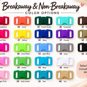 a collection of colorful dog buckle colors, including red, orange, green, blue, purple, and various shades of gray and black.