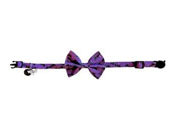 Bat Bow Cat Collar: Halloween Purple Breakaway Kitten Collar with Bell