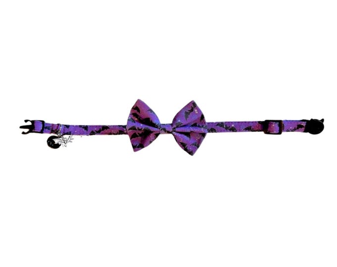 Bat Bow Cat Collar: Halloween Purple Breakaway Kitten Collar with Bell
