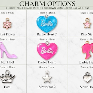 a collection of charm options, including a mini flower charm, a pink star charm, a high heel charm, a silver heart charm, a silver star charm, and a silver heart charm.