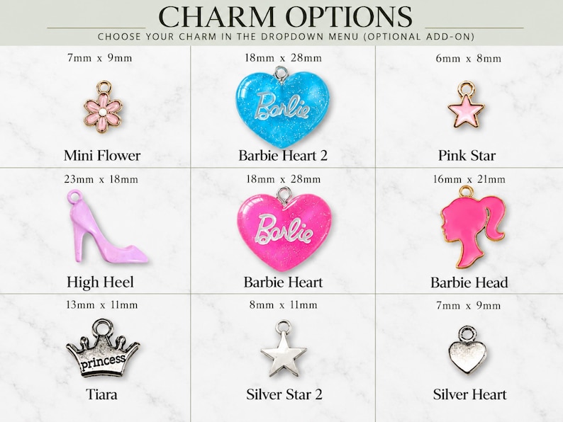 a collection of charm options, including a mini flower charm, a pink star charm, a high heel charm, a silver heart charm, a silver star charm, and a silver heart charm.
