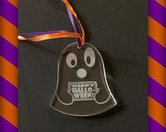 Spooky Halloween Engraved Glass Ornament Ghost