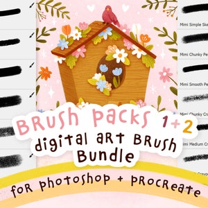 Mimi's digital art texture brushes pack 1 and 2 bundle, with a digital illustration and demonstration of the brushes