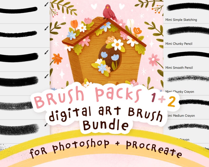 Mimi's digital art texture brushes pack 1 and 2 bundle, with a digital illustration and demonstration of the brushes