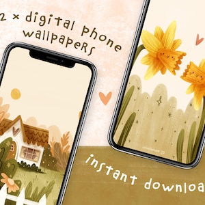 Sweet Cottage and Two Daffodils In Love Digital Phone Wallpapers | Set of 2 Cute Phone Backgrounds Instant Download