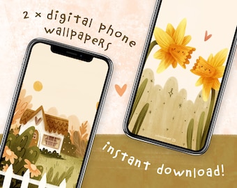 Sweet Cottage and Two Daffodils In Love Digital Phone Wallpapers | Set of 2 Cute Phone Backgrounds Instant Download