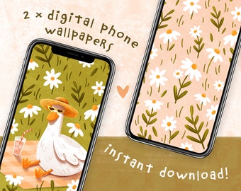 Summer Duck and Daisies Pattern Digital Phone Wallpapers | Set of 2 Cute Phone Backgrounds to Instantly Download