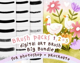 Mimi's Digital Brush Packs 1,2 + 3 BIG BUNDLE pour Procreate et Photoshop | Pinceaux de texture d'art numérique pour l'illustration