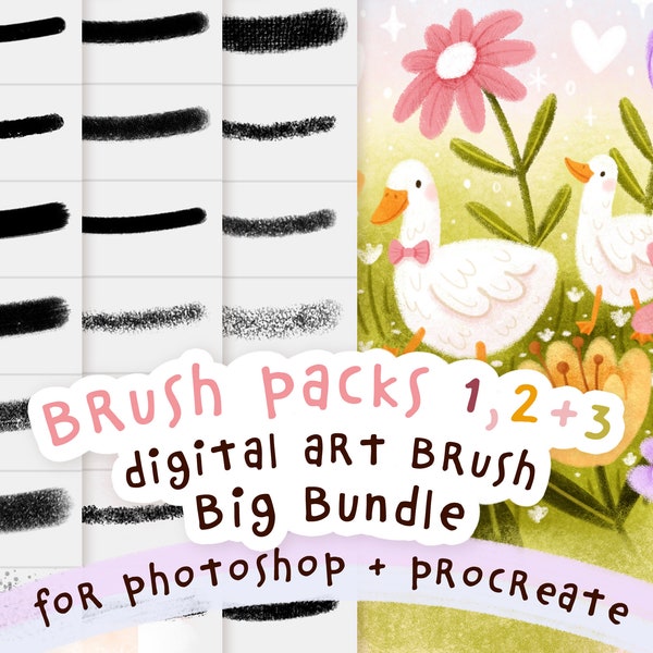 Mimi's digitale penseelpakketten 1,2+3 GROTE BUNDEL voor Procreate en Photoshop | Digitale kunsttextuurborstels ter illustratie