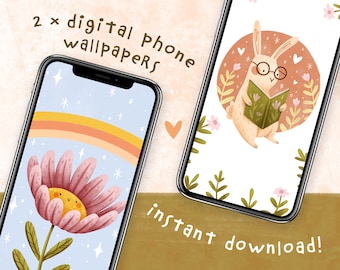 Purple Flower and Bookworm Bunny Digital Phone Wallpapers | Set of 2 Cute Phone Backgrounds to Instantly Download