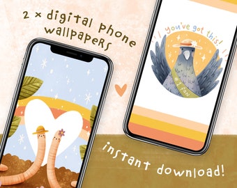 Wurm Freunde und 'You've Got This' Digital Phone Wallpapers | Set von 2 niedlichen Telefon Hintergründen zum sofortigen Herunterladen