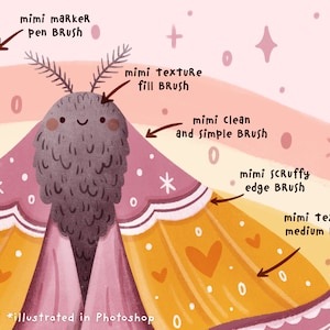 May include: A digital illustration of a pink and yellow moth with a heart pattern on its wings. The illustration is labeled with different brush types used to create the image, including "marker pen brush", "texture fill brush", "clean and simple brush", "scruffy edge brush", and "texture medium brush". The text "*illustrated in Photoshop" is at the bottom of the image.