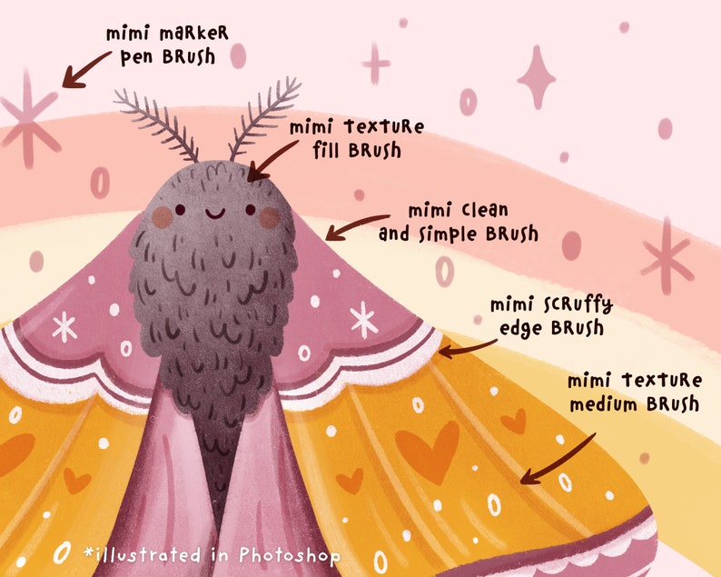 May include: A digital illustration of a pink and yellow moth with a heart pattern on its wings. The illustration is labeled with different brush types used to create the image, including "marker pen brush", "texture fill brush", "clean and simple brush", "scruffy edge brush", and "texture medium brush". The text "*illustrated in Photoshop" is at the bottom of the image.