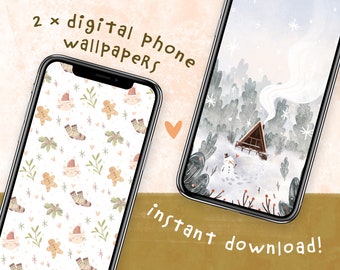 Christmas Pattern And Frosty Forest Digital Phone Wallpapers | Set of 2 Winter Phone Backgrounds for Instant Download