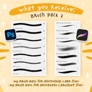 May include: A preview of a digital brush pack for Photoshop and Procreate. The image shows a variety of brush strokes, including simple sketching, chunky pencil, smooth pencil, chunky crayon, medium crayon, soft crayon, and charcoal. The text "what you Receive: BRUSH Pack 2" is at the top of the image.