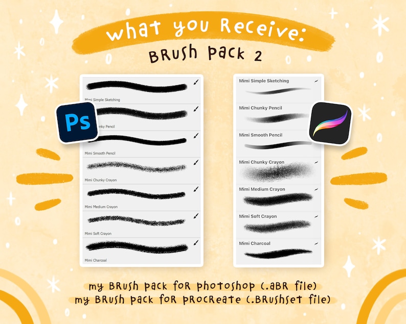 May include: A preview of a digital brush pack for Photoshop and Procreate. The image shows a variety of brush strokes, including simple sketching, chunky pencil, smooth pencil, chunky crayon, medium crayon, soft crayon, and charcoal. The text "what you Receive: BRUSH Pack 2" is at the top of the image.